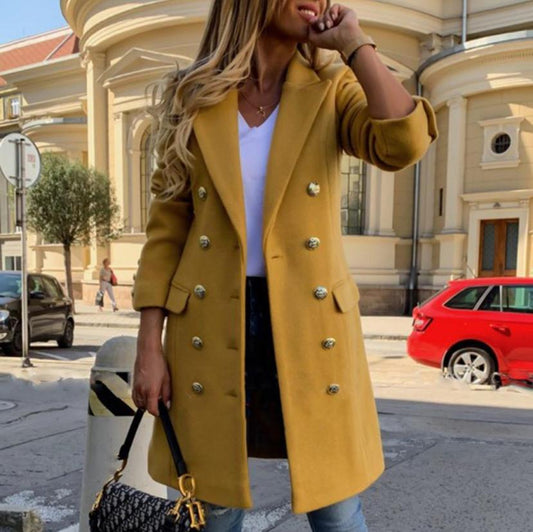 Women's woolen lapel jacket with double-breasted design, mid-length fall winter trench coat