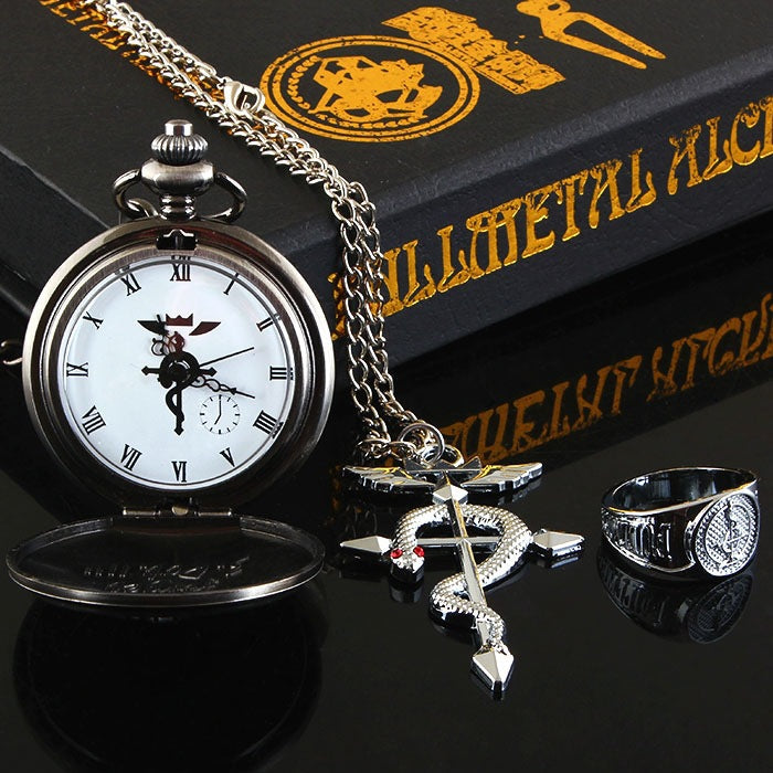 Fullmetal Alchemist pocket watch with engraved anime-inspired design and metal case