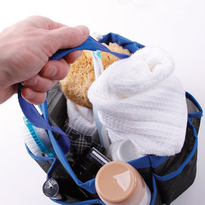 Mesh bathroom storage bag with hanging pockets for organizing toiletries, towels, and bath accessories