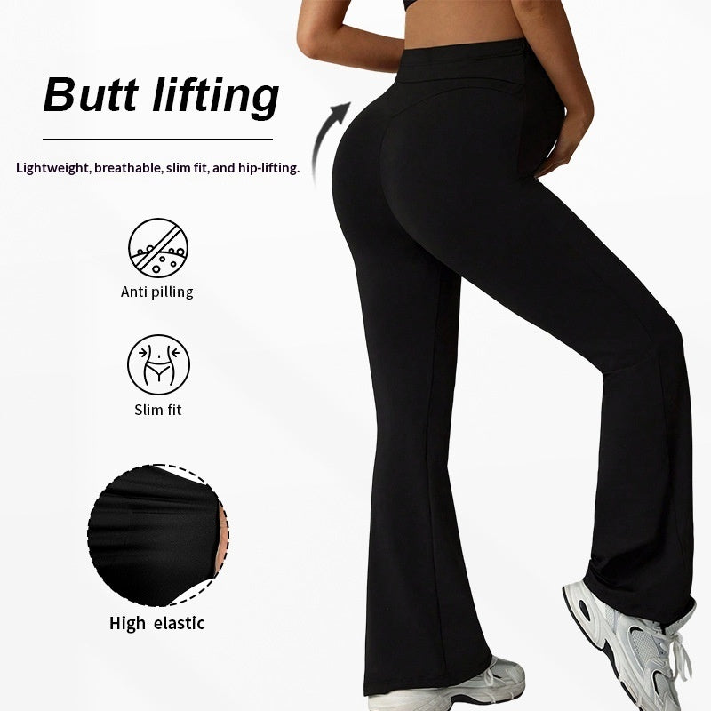 Maternity high waist flared leg pants with tummy support and butt-lifting legging style in black