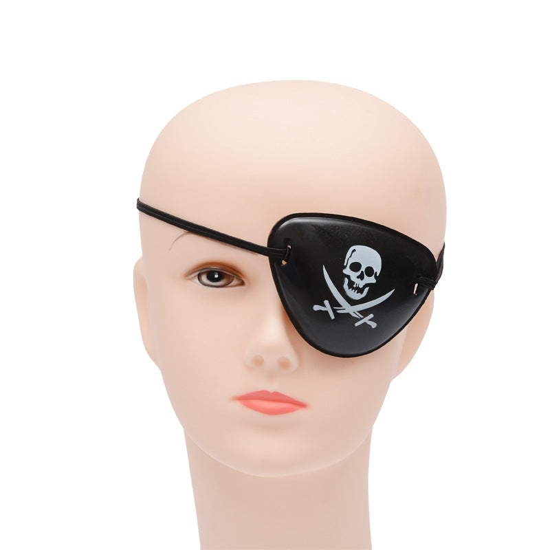 Halloween pirate blindfold with skull and crossbones design, black costume accessory