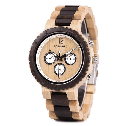 Classic wooden analog quartz watch with round wood case, minimalist dial, and brown leather strap