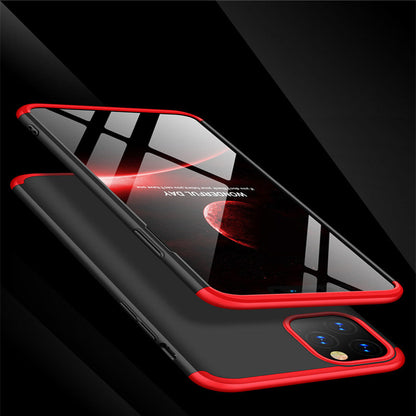 Three-section mobile phone case in a slim protective design, shown from the front and side