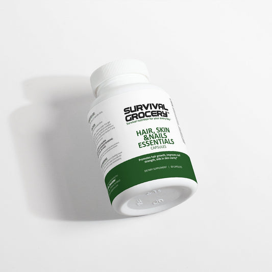Survival Grocery® Hair, Skin, and Nails Essentials vitamins and minerals supplement bottle with label showing product details.