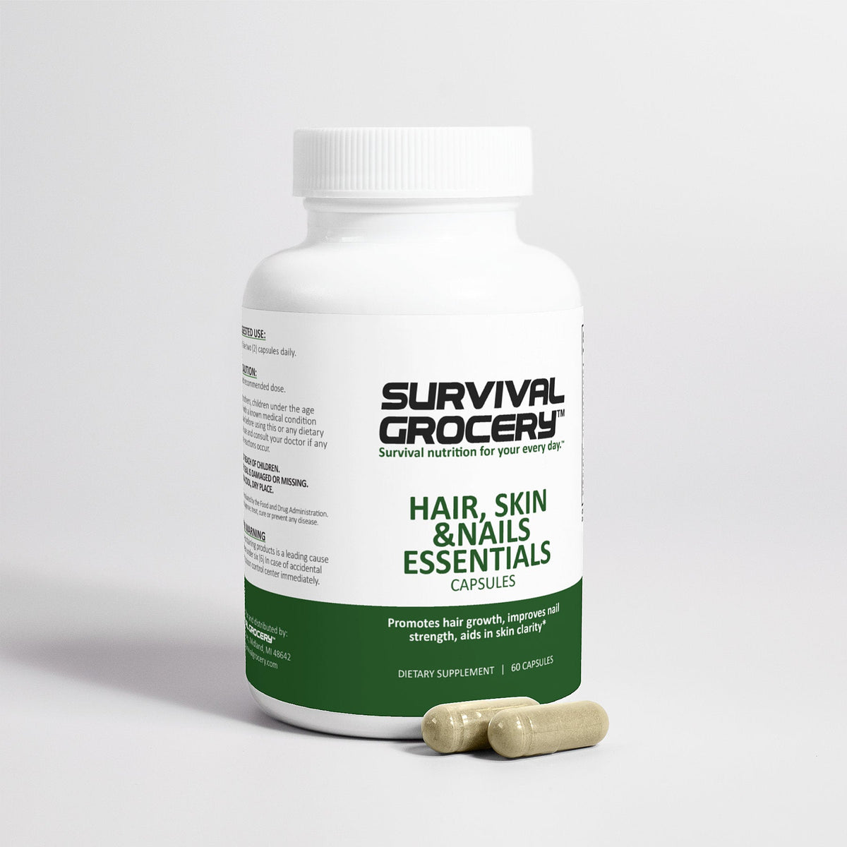 Survival Grocery® Hair, Skin and Nails Essentials vitamins and minerals supplement bottle with label showing supplement details.