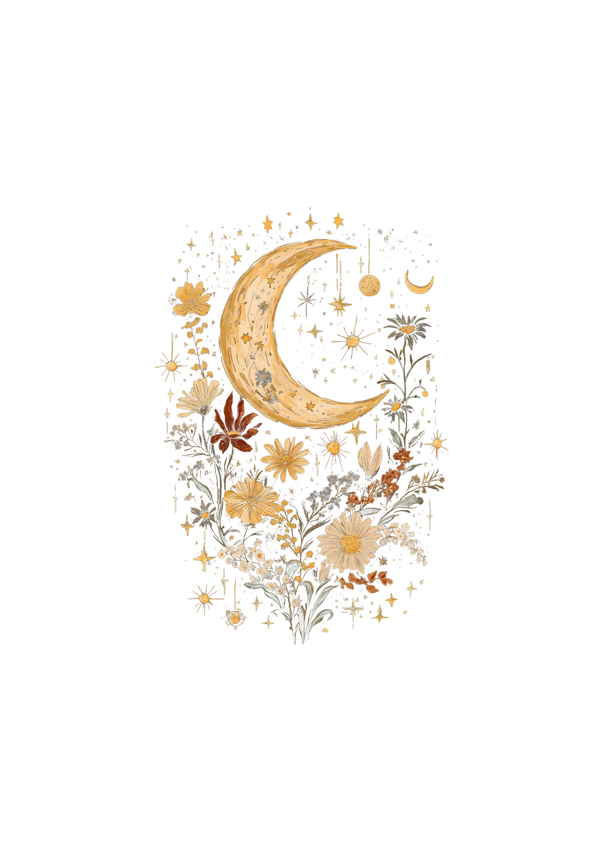 Men's printed T-shirt by Spun Bamboo featuring celestial moon, boho flowers, vintage design in bamboo and cotton fabric.