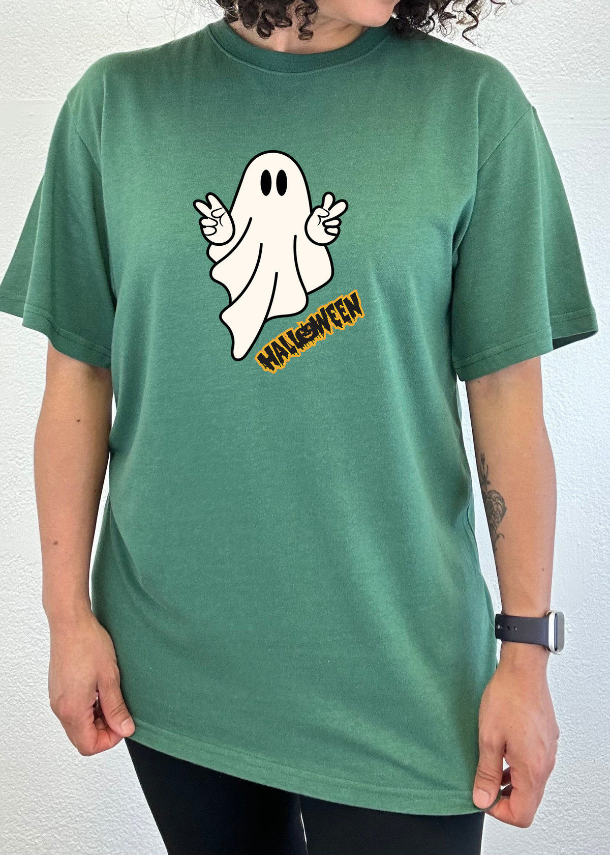 Unisex Halloween ghost graphic T-shirt by Spun Bamboo, short sleeve, made from bamboo viscose and organic cotton, with printed ghost design.
