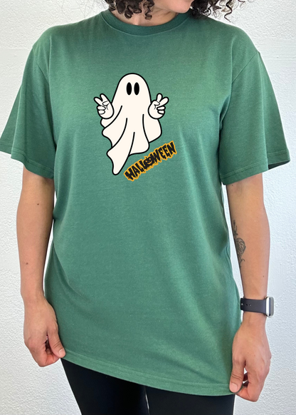 Unisex Halloween ghost graphic T-shirt by Spun Bamboo, short sleeve, made from bamboo viscose and organic cotton, with printed ghost design.