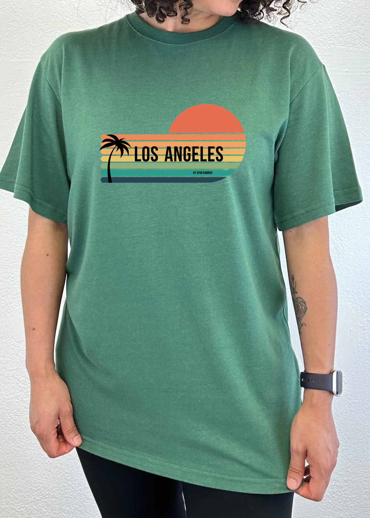 Men's printed graphic T-shirt by Spun Bamboo featuring short sleeves and a Los Angeles-themed design in bamboo viscose and organic cotton.