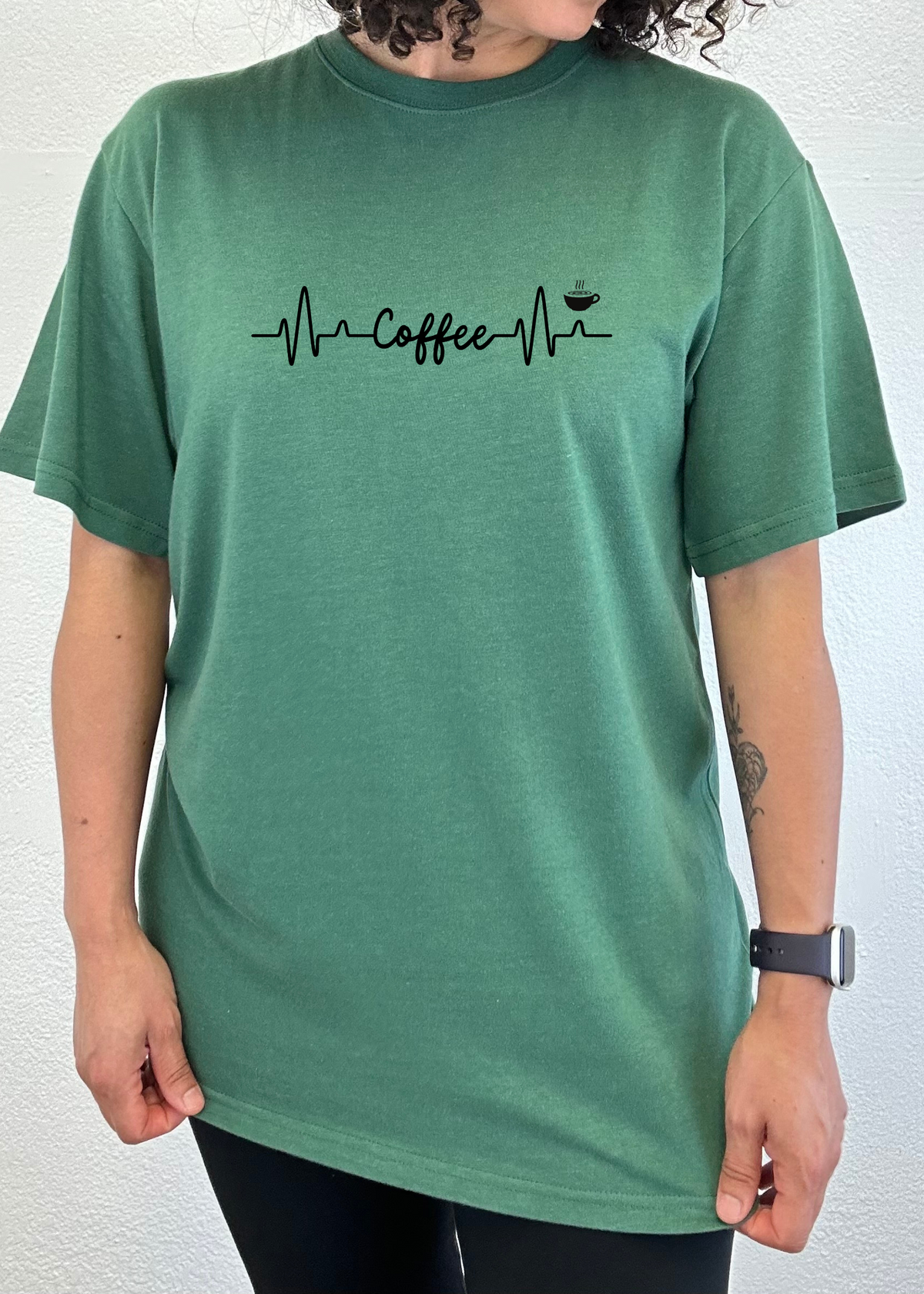 Unisex Heartbeat Coffee graphic T-shirt by Spun Bamboo, men's printed bamboo and cotton fabric with heartbeat and coffee cup design.