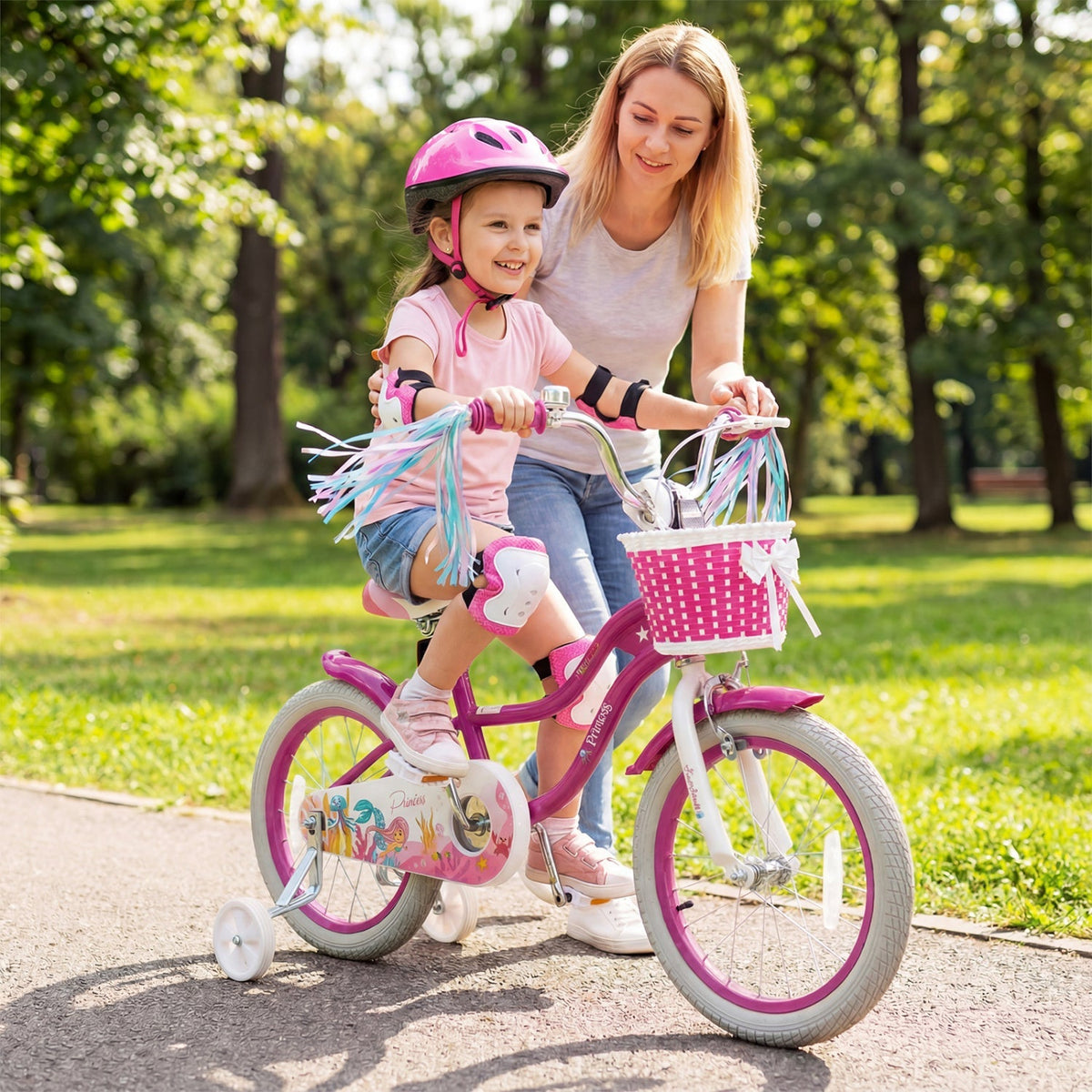 Pink 18-inch kids bike with training wheels and front basket, designed for young children, by GBruno Store.