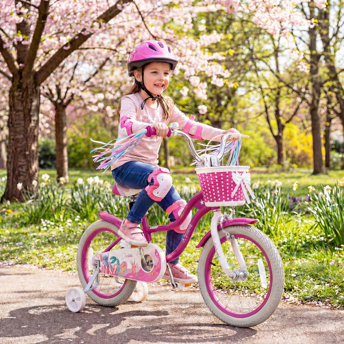 Kids bike with 18-inch wheels, training wheels, and basket in rose red, featuring a sturdy frame and colorful design for children.