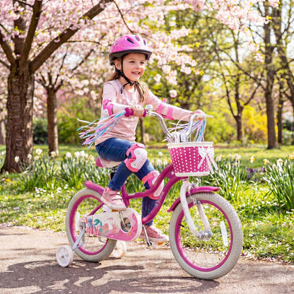 Kids bike with 18-inch wheels, training wheels, and basket in rose red, featuring a sturdy frame and colorful design for children.