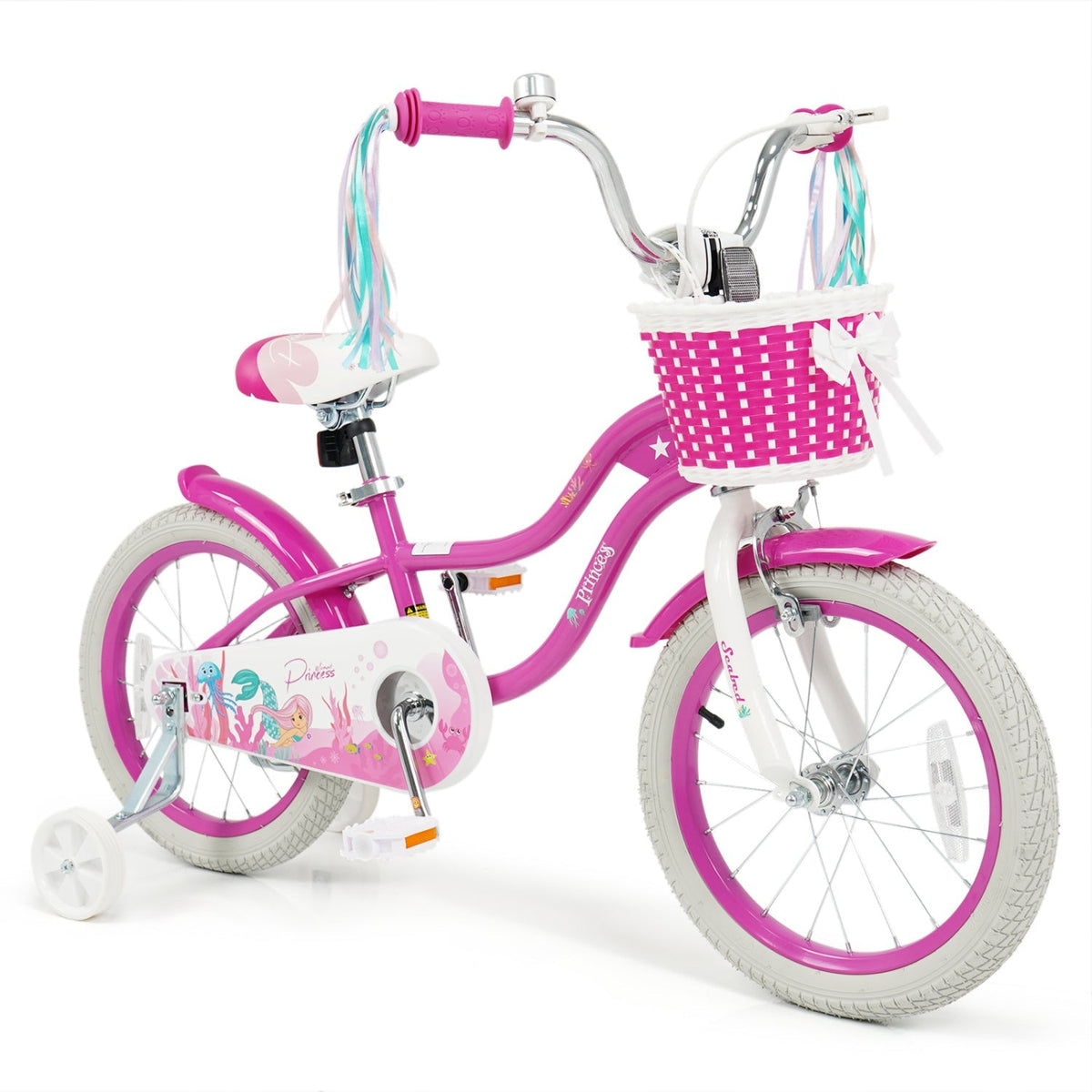 Pink 18-inch kids bike with training wheels and front basket, featuring a sturdy frame and colorful design for young riders.