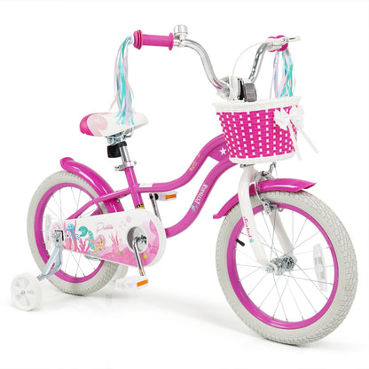Pink 18-inch kids bike with training wheels and front basket, featuring a sturdy frame and colorful design for young riders.