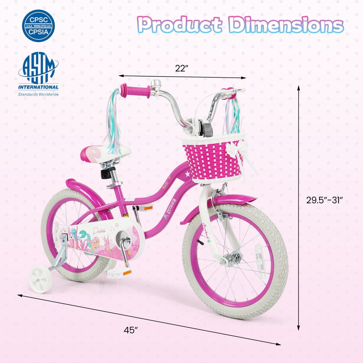 Pink 18-inch kids bike by GBruno Store with training wheels and front basket, suitable for young children learning to ride.