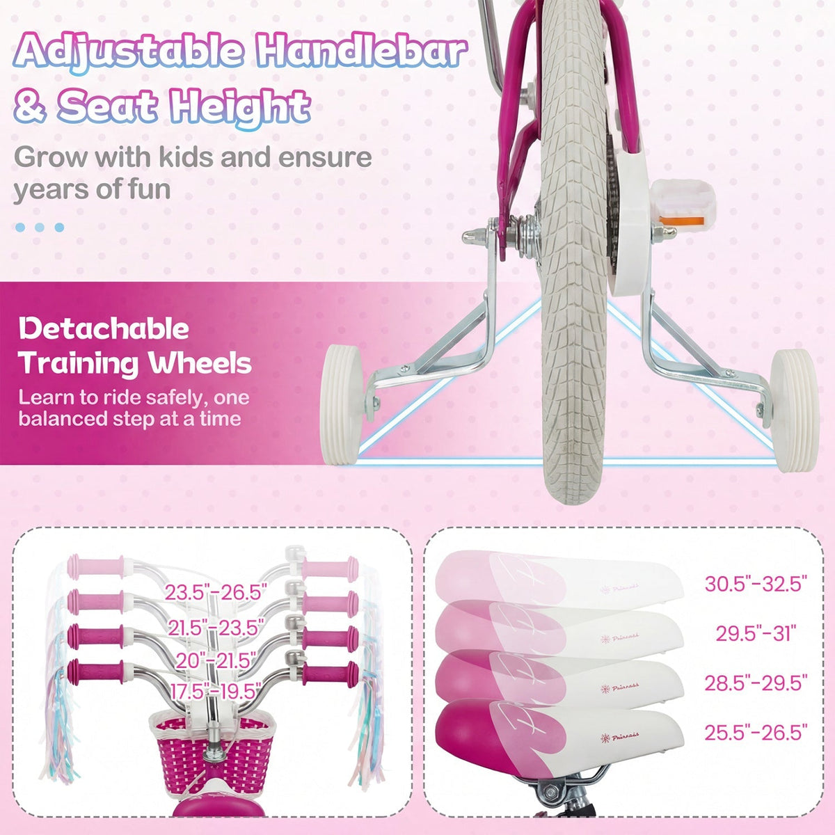 Pink 18-inch kids bike with training wheels and basket, featuring a sturdy frame and colorful design for young riders.