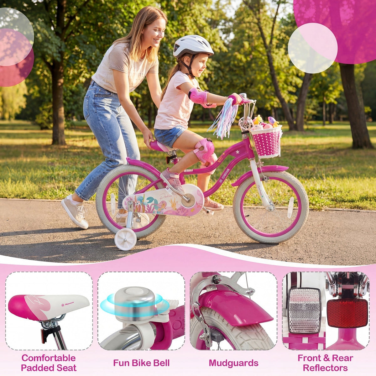 Pink 18-inch kids bike with training wheels and front basket, featuring a sturdy frame and colorful design for young riders.