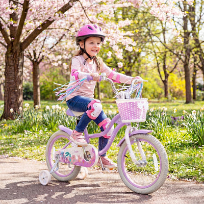 Purple kids bike with training wheels and basket, 16-inch size, designed for children learning to ride bicycles.