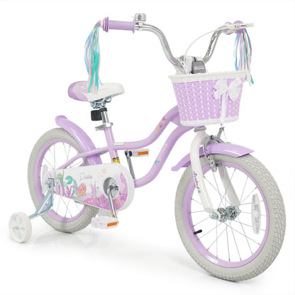 Purple kids bike with training wheels, basket, and 16-inch wheels, perfect for young children learning to ride.