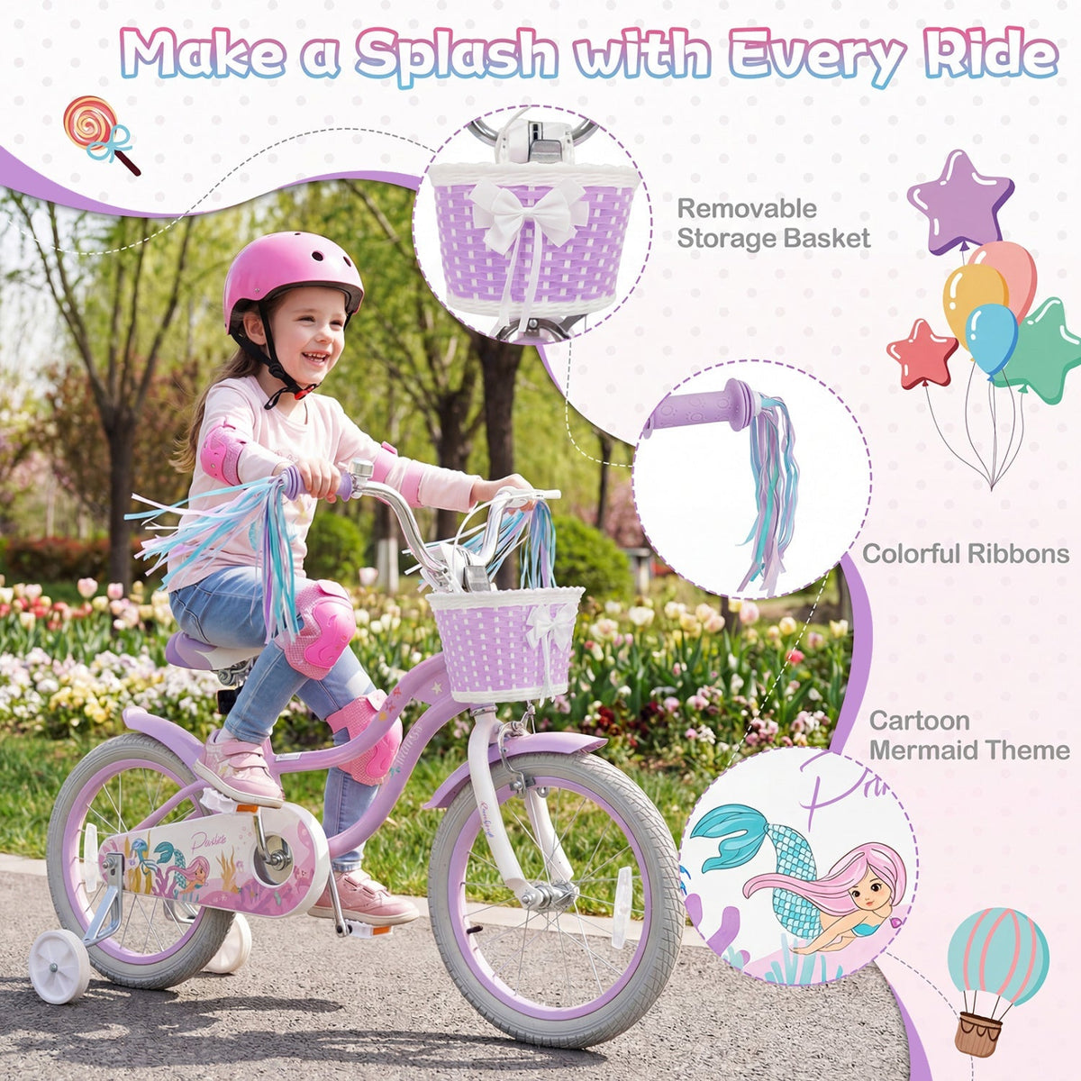 Purple kids bike with training wheels and basket, 16-inch size, designed for children, by GBruno Store.