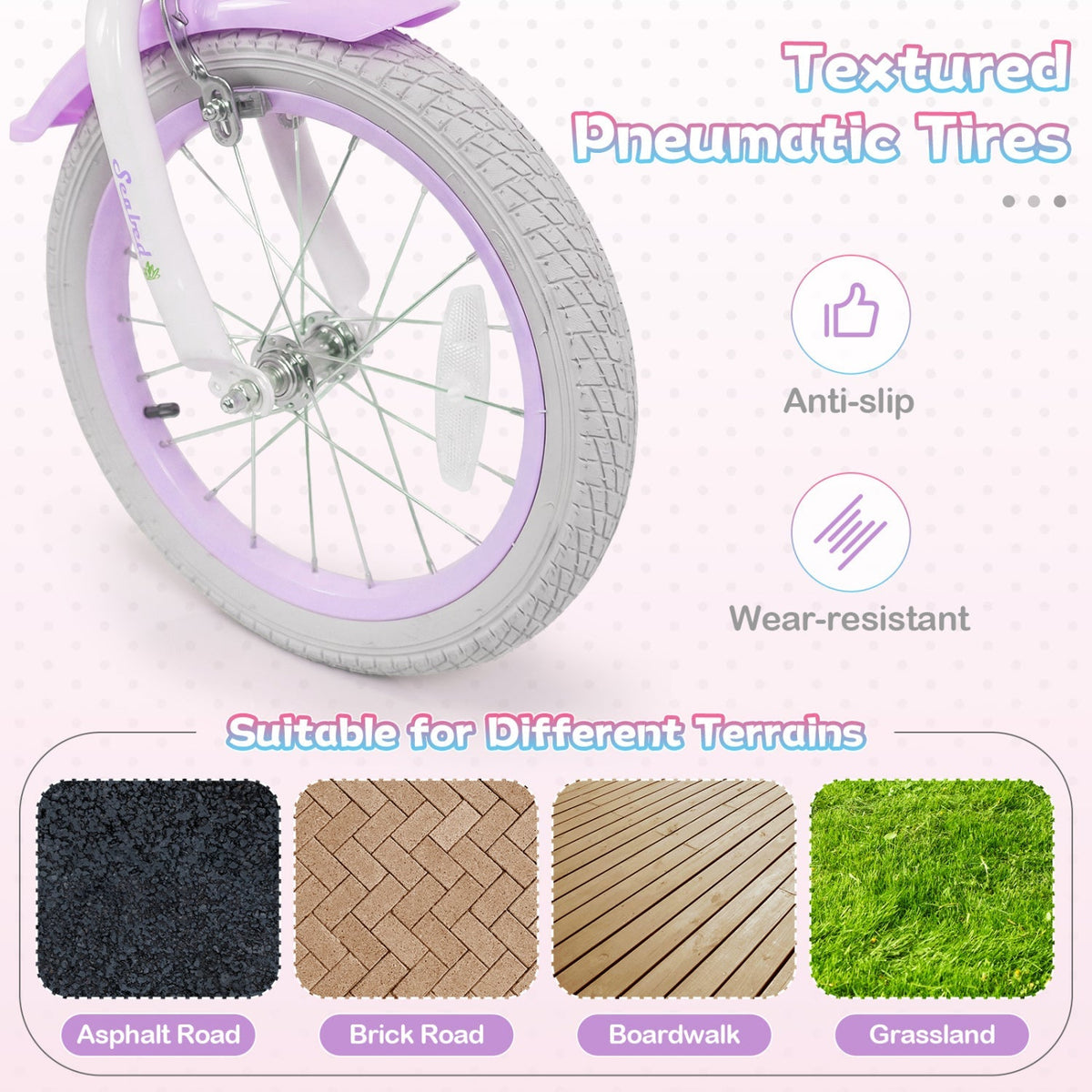Purple kids bike from GBruno Store with 16-inch wheels, training wheels, and a front basket, designed for young children.