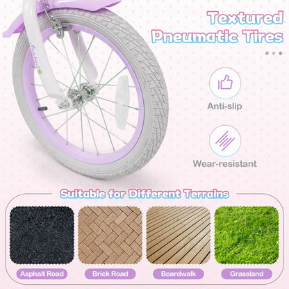 Purple kids bike from GBruno Store with 16-inch wheels, training wheels, and a front basket, designed for young children.