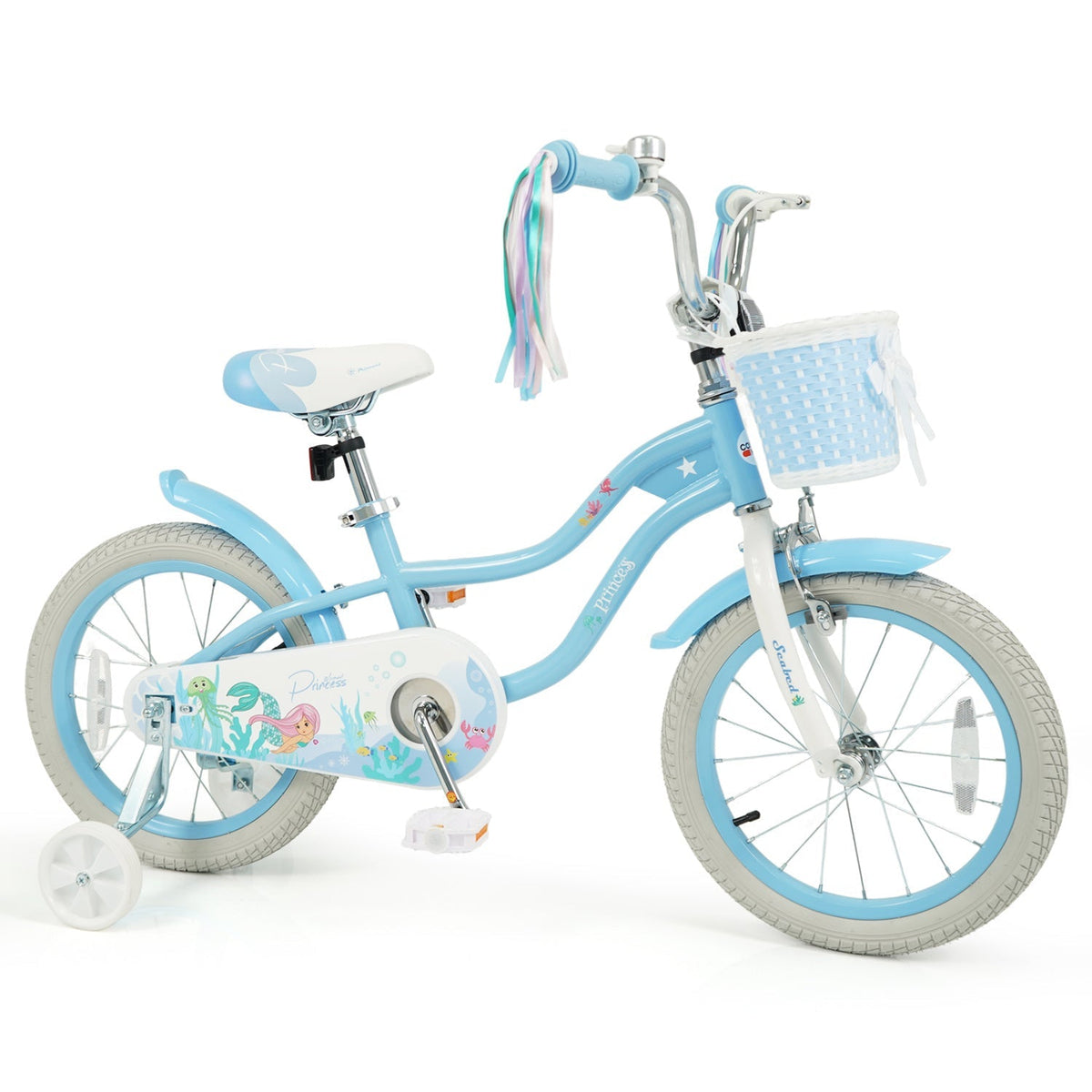 Kids bike by GBruno Store with 16-inch wheels, training wheels, and a front basket, suitable for young children.