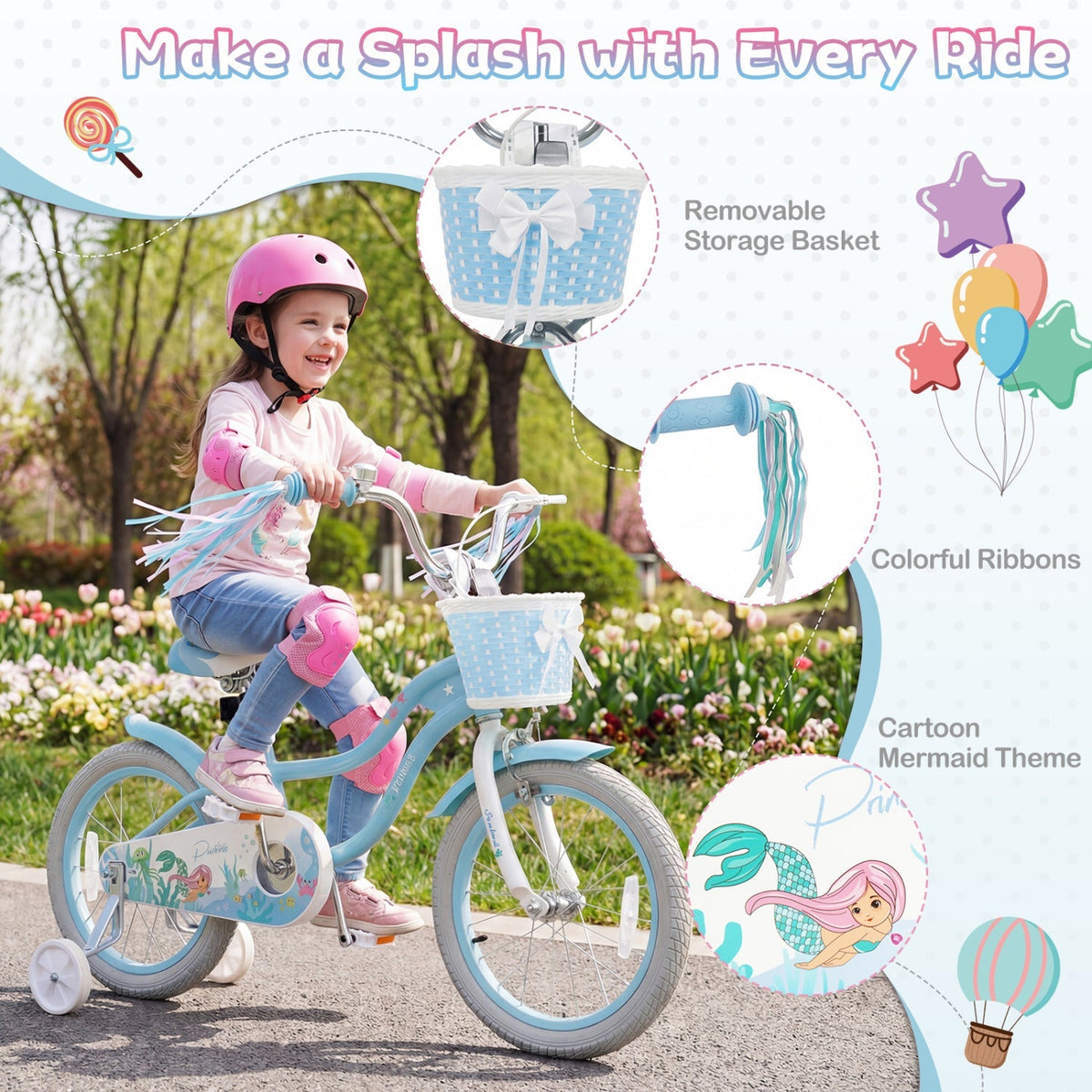 Kids bike with 16-inch wheels from GBruno Store, featuring training wheels and a front basket for young riders.