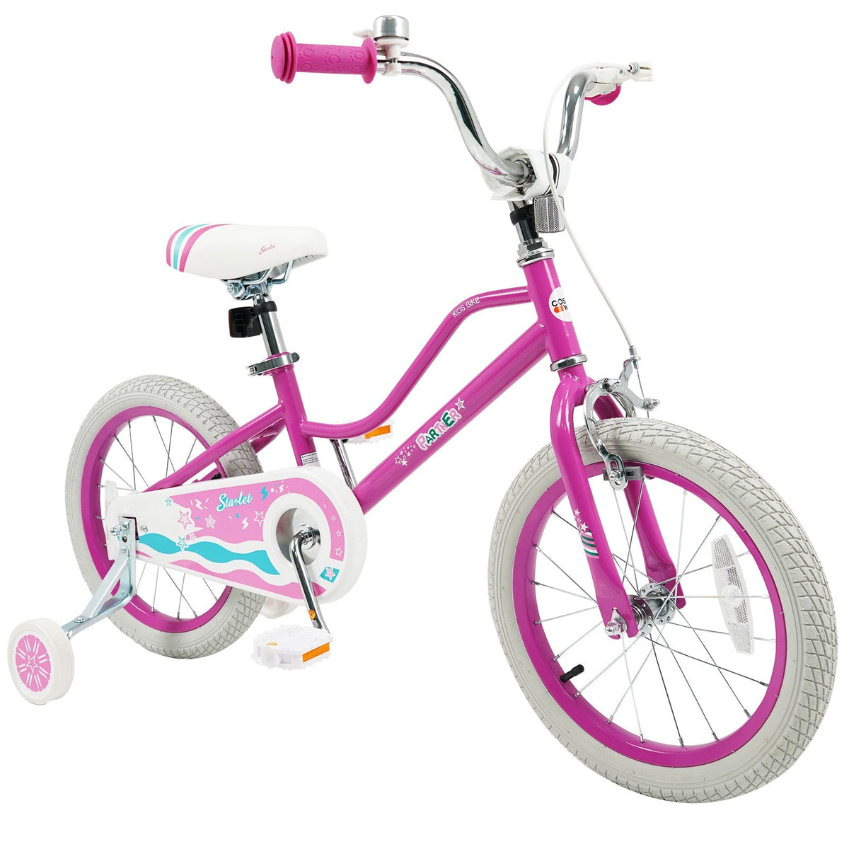Pink kids bike with training wheels, 12-16 inch size, suitable for children, featuring a sturdy frame and colorful design.