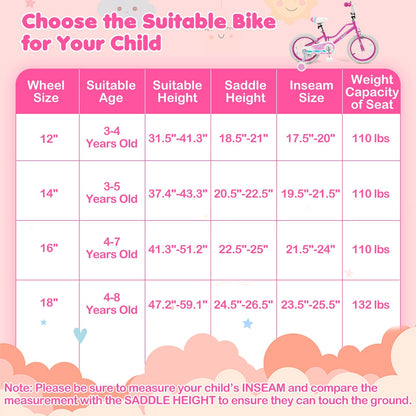 Pink kids bike with 12-18 inch wheels and training wheels from GBruno Store, featuring a sturdy frame and colorful design.