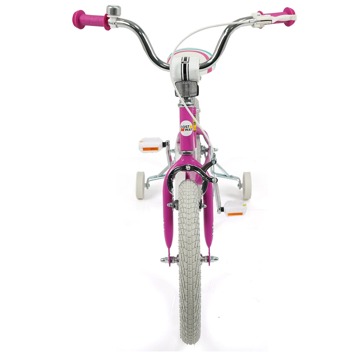 Pink kids bike with 12-18 inch wheels and training wheels, featuring a sturdy frame and colorful design for young riders.