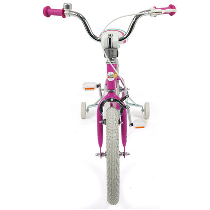 Pink kids bike with 12-18 inch wheels and training wheels, featuring a sturdy frame and colorful design for young riders.