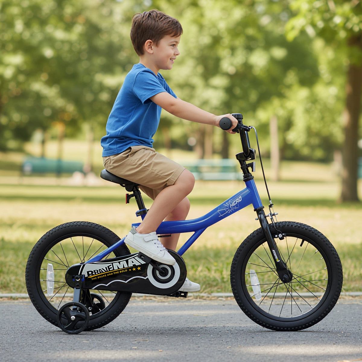 14-inch navy kids bike with removable training wheels by GBruno Store, showing a sturdy frame and colorful design for young riders.