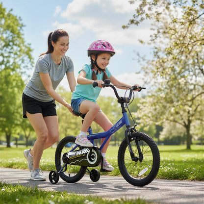Kids 14-inch navy bike with removable training wheels, designed for young children learning to ride, featuring a sturdy frame.