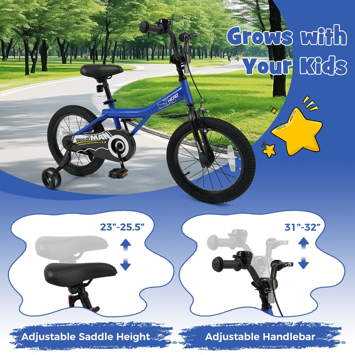 Navy 14-inch kids bike with removable training wheels from GBruno Store, featuring a sturdy frame and colorful design.