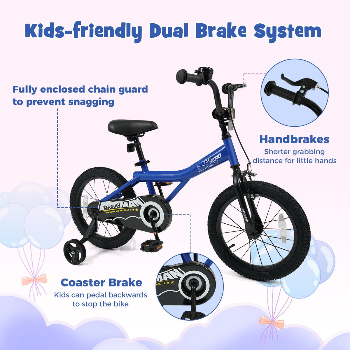 Kids navy 14-inch bike with removable training wheels from GBruno Store, featuring a sturdy frame and colorful design.