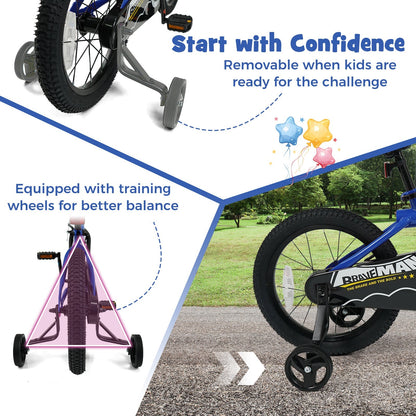 Navy 14-inch kids bike with removable training wheels and a sturdy frame, suitable for young children learning to ride.
