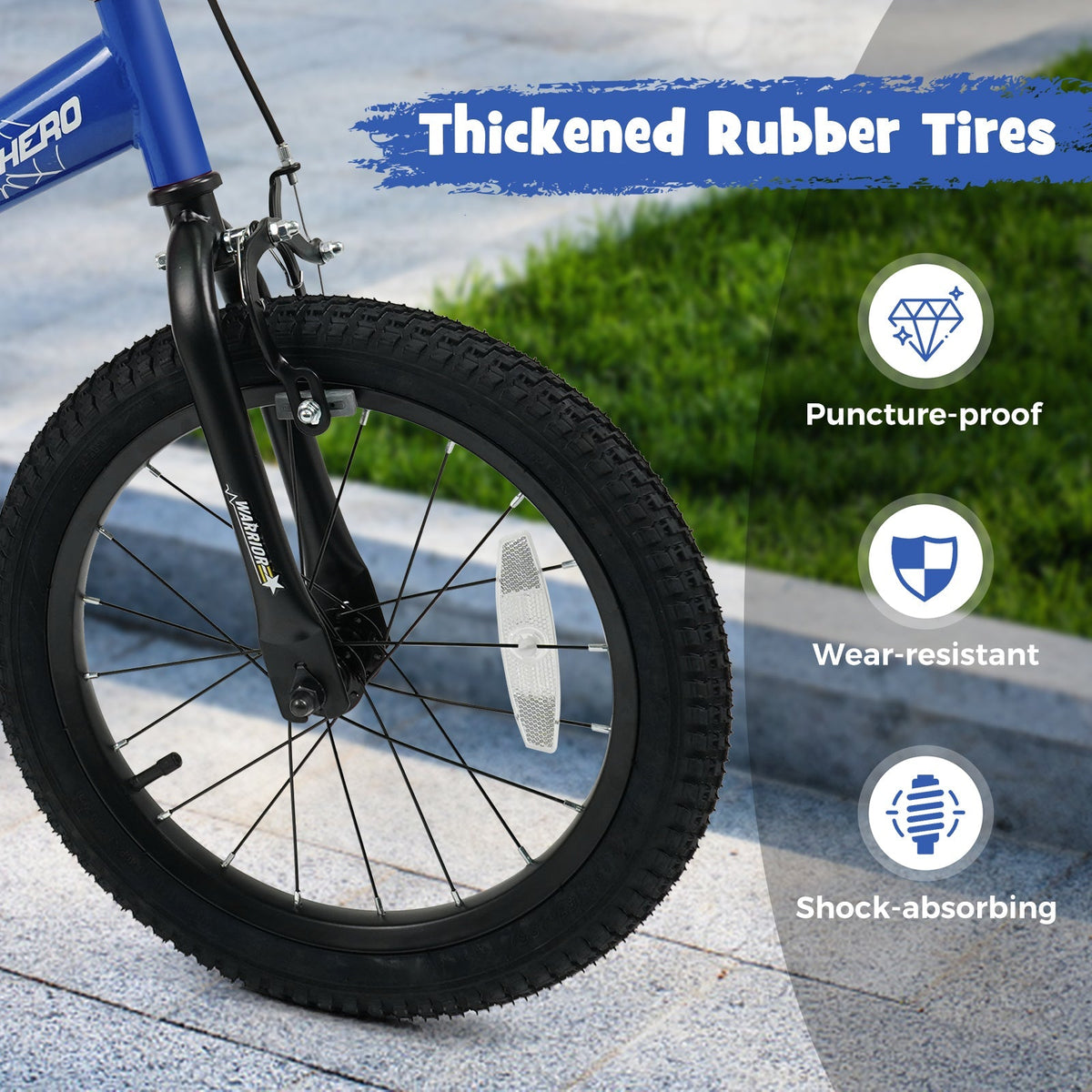 Children's navy 14-inch kids bike with removable training wheels and sturdy frame, perfect for beginner riders.