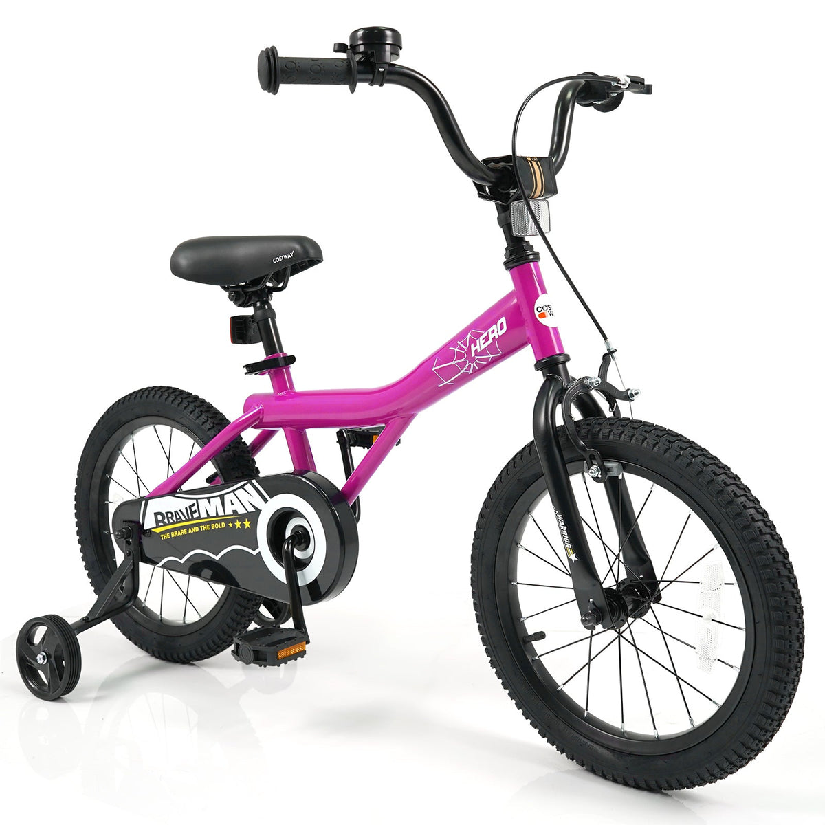 Pink 14-inch kids bike with removable training wheels, featuring a sturdy frame and colorful accents, perfect for young beginners.