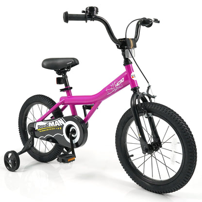 Pink 14-inch kids bike with removable training wheels, featuring a sturdy frame and colorful accents, perfect for young beginners.