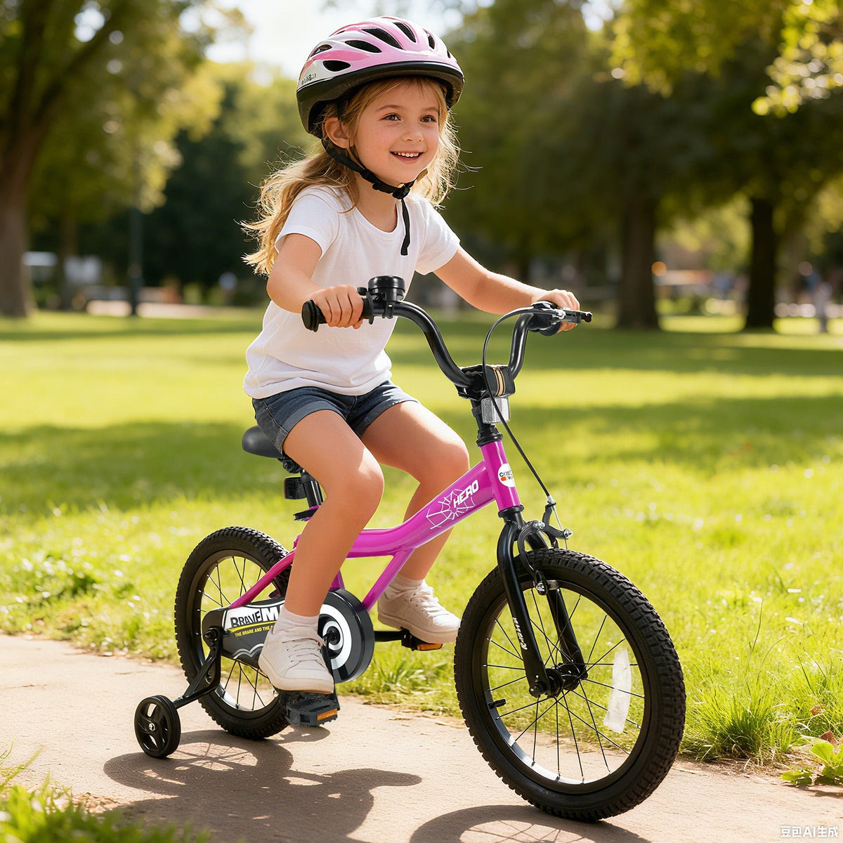 Pink 14-inch kids bike with removable training wheels, featuring a sturdy frame and colorful design for young riders.