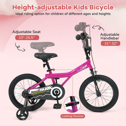 Pink 14-inch kids bike with removable training wheels from GBruno Store, featuring a sturdy frame and colorful design for young riders.