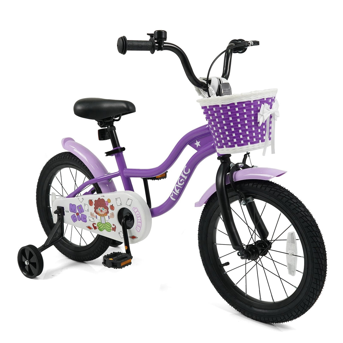 Purple kids bike with training wheels, 12-18 inch size, designed for children, featuring a sturdy frame and colorful details.
