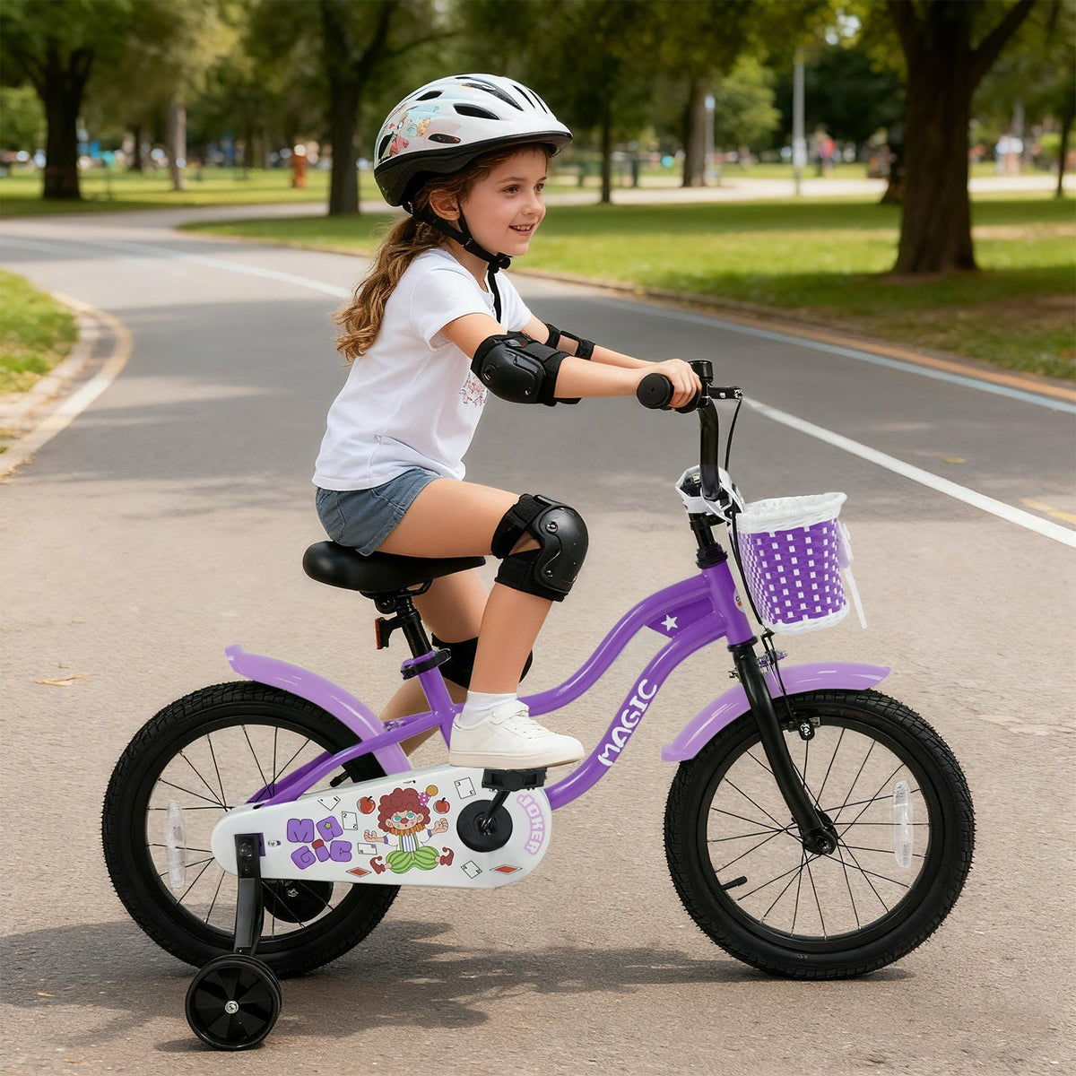 Purple kids bike with training wheels, 12-16 inch size, designed for young children learning to ride, by GBruno Store.