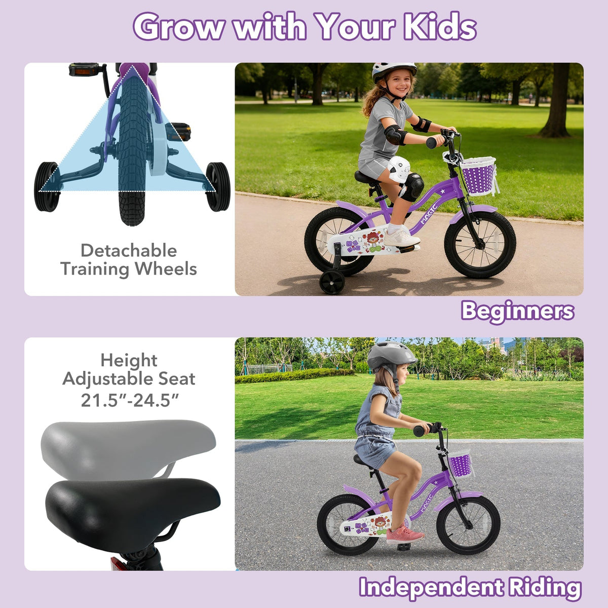 Purple kids bike with training wheels, 12-18 inch frame, suitable for young children, by GBruno Store.