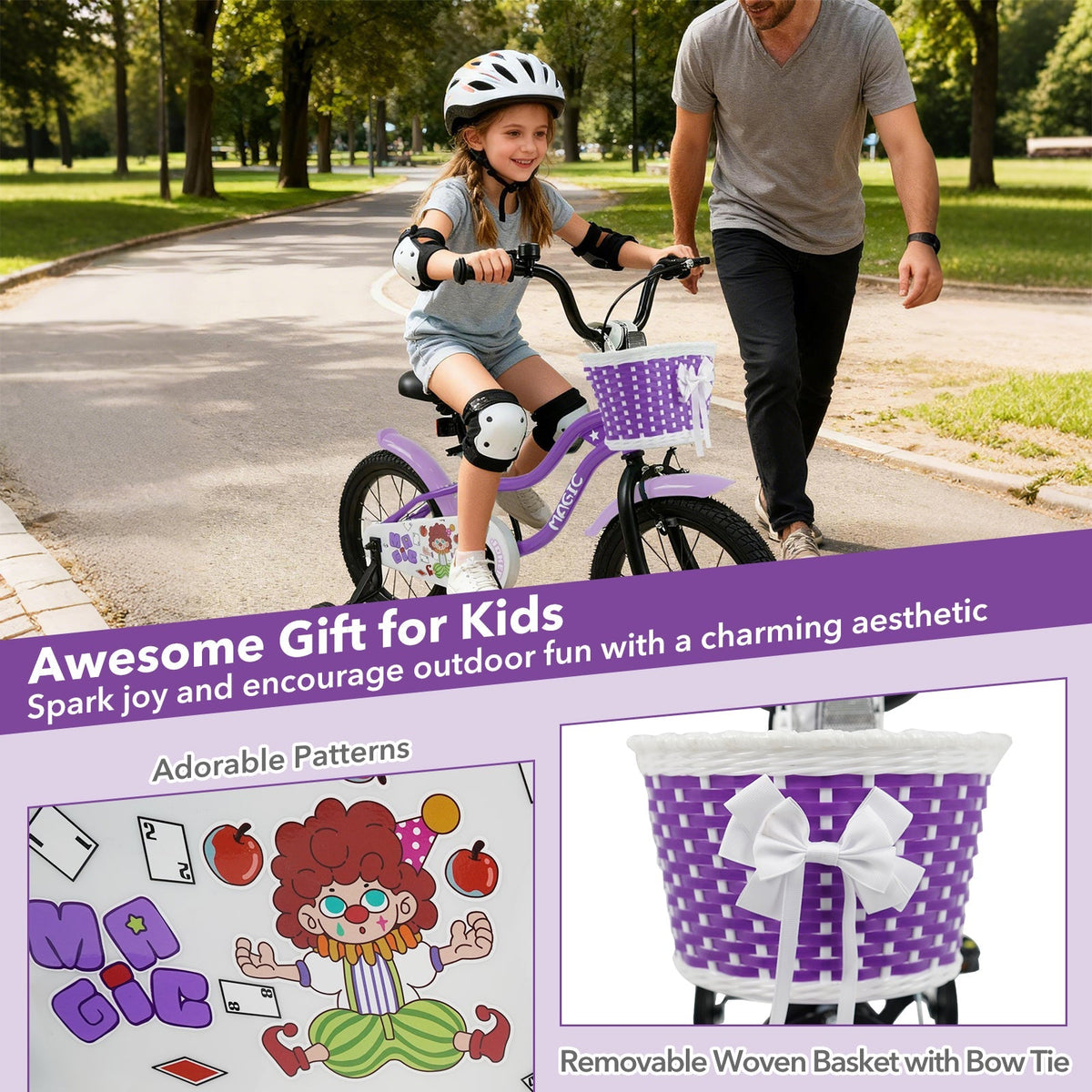 Purple kids bike with training wheels for 12-16 inches, featuring a sturdy frame and colorful design suitable for young children.