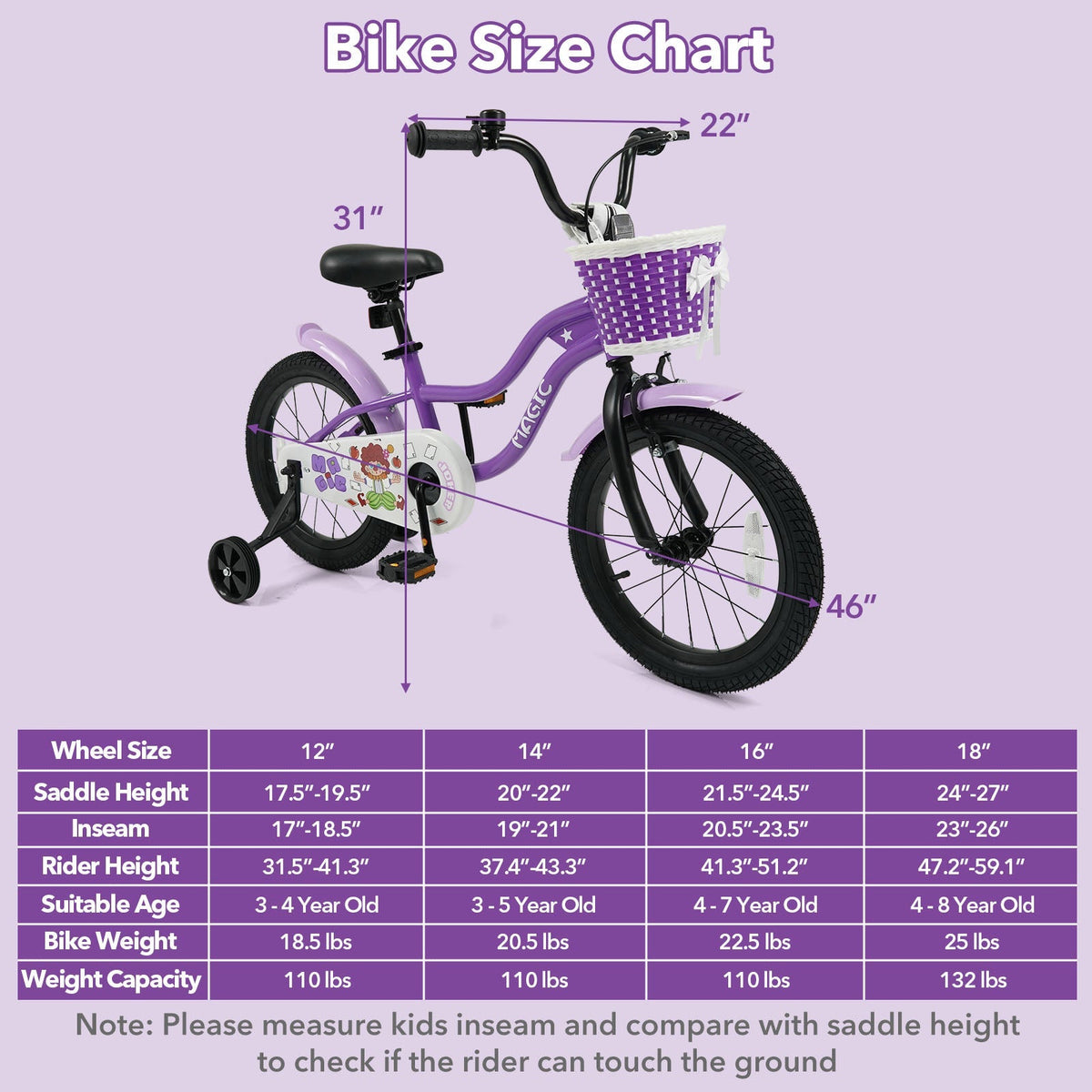 Purple kids bike with training wheels, 12-18 inch size, designed for children learning to ride, featuring sturdy frame and colorful accents.