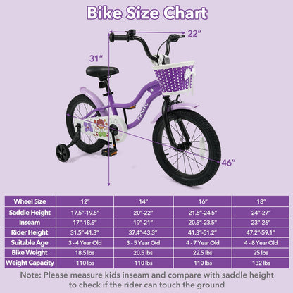 Purple kids bike with training wheels, 12-18 inch size, designed for children learning to ride, featuring sturdy frame and colorful accents.