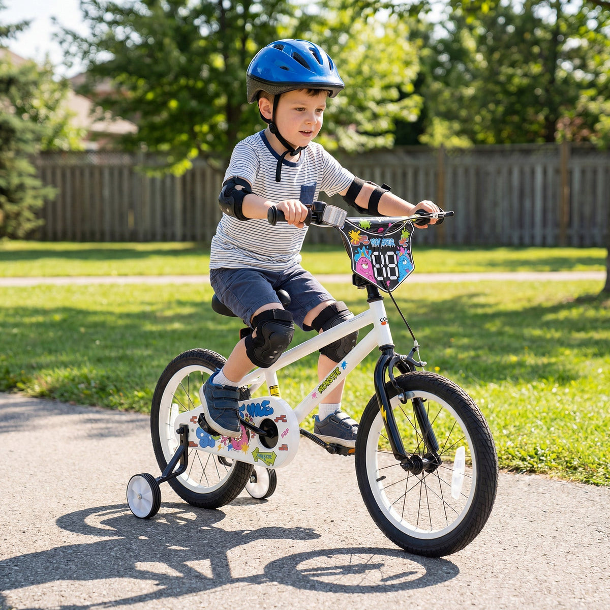 White kids bike with training wheels, 12-18 inch size, designed for children learning to ride, featuring a sturdy frame and colorful accents.